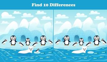 Find ten differences printable worksheet with arctic penguinsand puffins and north pole landscape for kids vector