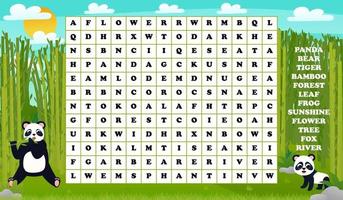 Words search puzzle for kids with cute animals - panda eating bamboo, printable worksheet for learning english vector