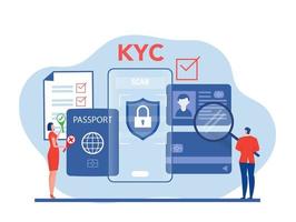 kyc o conozca a su cliente con el negocio verificando la identidad del concepto de su cliente en los futuros socios a través de una idea de lupa de identificación comercial y seguridad financiera. vector