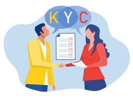 kyc o conozca a su cliente, mujer de negocios y hombre estrechando la mano con socios comerciales verificando la identidad del vector ilustrador del concepto de su cliente