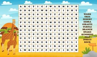 Words search puzzle for kids with African safari animals - giraffe, printable worksheet for learning english