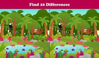 Find ten differences printable worksheet with tropical jungle paradise scene, pond with flamingo and toucan, sloth vector