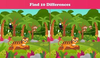 Find ten differences printable worksheet with tropical jungle paradise scene, tiger on tree trunk and toucan, monkey vector