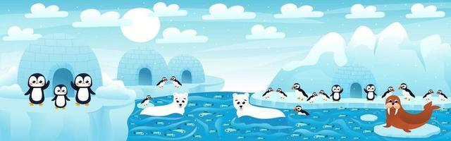 Polar landscape with cute cartoon animals with fish and iceberg, arctic scene with polar bear and penguins waving hands, seal sitting on snow, horizontal zoo poster for game design vector