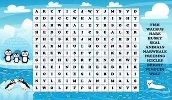 Educational word search game for kids with arctic animals, seal, penguins and polar bear, puffin vector