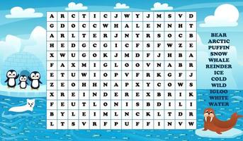Educational word search game for kids with arctic animals, printable worksheet with seal, penguins and polar bear vector