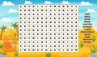 Words search puzzle for kids with desert animals - camels, printable worksheet for learning English for children books