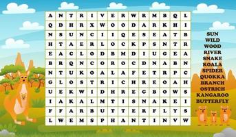 Words search puzzle for kids with australian animals - kangaroo and quokka, printable worksheet vector