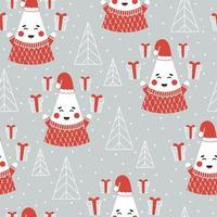 Christmas seamless pattern with cute christmas tree character on gray background vector