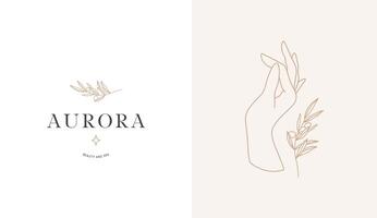 Beautiful female hand, modern feminine art. Esoteric Logo and brand elements template illustration in simple minimal linear style in nude color. vector