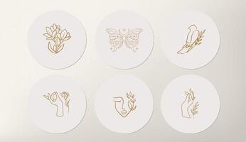 Set of icons and emblems for social media news covers with gold butterflies and female flower on a white background. Design templates for yoga studio astrologer, tourism, beauty salons vector