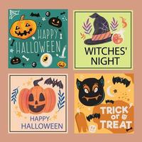 conjunto de cuatro tarjetas de halloween en diseño plano vector