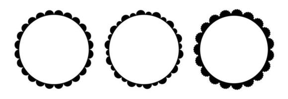 Scalloped edge round strokes set. Simple circle scalloped border. Fabric laces silhouette frame. Repeat cute vintage frill ornament. Texture ribbons. Vector illustration isolated on white background