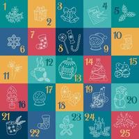 Advent calendar. Funny Christmas doodles. Xmas numbers from 1 to 25. Vector illustration of holiday hand drawn design elements tree, holly, jingle bells. Traditional december countdown calendar