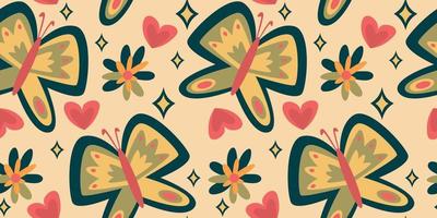 Retro butterfly groovy seamless pattern. Boho vector background. Hippie psychedelic seamless pattern. Retro groovy background. Design with daisy flower and heart