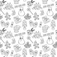 Christmas doodle pattern black and white. Vector seamless background with outline hand drawn Christmas holiday elements. Xmas design objects. Doodle repeat illustration.