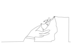 Illustration of confidence arab businesswoman jumping from helping giant hand to reach cliff target. Metaphor for business support to success. Single line art style vector