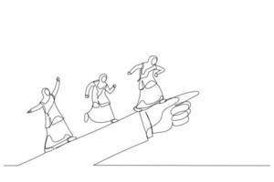 Drawing of muslim businesswoman running forward looking for success in the way showed by giant hand of leader. Metaphor for directional leadership. Single continuous line art style vector