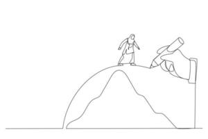 Drawing of giant hand draws a path to help the muslim woman cross the mountains, metaphor for conquering adversity. Continuous line art style vector