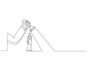 Drawing of big hand holding a flashlight uncovering hidden arrow sign for businesswoman that wearing jilbab. Single continuous line art vector