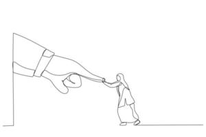 Drawing of woman with hijab fight and keep pushing against giant business hand. Metaphor for conflict against boss or employer, david and goliath. Single continuous line art style vector