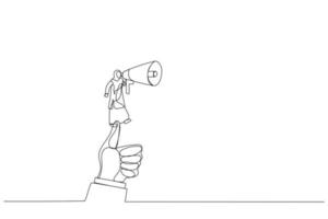 Cartoon of businesswoman wearing hijab holding a megaphone standing on a huge thumb, metaphor for leader speech. One line style art vector