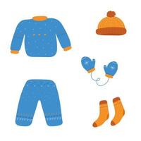 Collection of cute winter clothes. Colorful set of winter clothes in cartoon style. Sweater, pants, hat, mittens and socks. Vector illustration isolated on white background