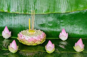 el krathong de pétalos de loto rosa decora con su polen, flor de corona, palo de incienso y vela para la luna llena de tailandia o el festival loy krathong sobre fondo de hojas de plátano. foto