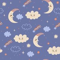 Seamless pattern with moon, clouds and stars. Vector graphics.