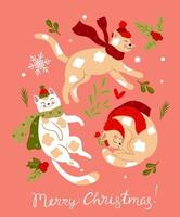 Set of cute Christmas cats in scarves and hats. Vector graphics.