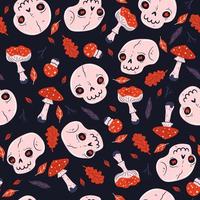 Seamless  pattern with skulls and fly agarics. Vector graphics.