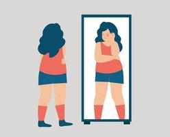 Fat woman looks on her reflection in the mirror in a sad way. Girl sees herself and looks upset. Low self esteem, Unhealthy diet, weight control, Mental Disorder, body Dysmorphic Disorder concept. vector