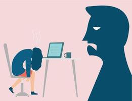 Business woman exposed to abuse and pressure at work. Freelancer or worker sitting with head down on laptop while the boss yells at her. Professional burnout syndrome or labor exploitation concept. vector