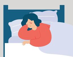 la mujer tiene dificultad para dormir por la noche. la chica acostada en la cama no puede dormir debido al dolor de cabeza. persona sufre de insomnio, pesadillas y pensamientos negativos enredados. Salud mental y trastornos del sueño. vector