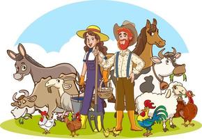 farmer family and farmer animals cartoon vector