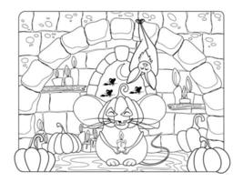 Halloween coloring page. Pumpkin mouse in the castle. Antistress for kids and adults. vector