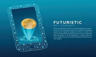 Blue futuristic hud, mobile phone, golden NFT coin with polygon node connected dots and neon effect wallpaper vector