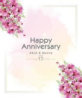 Square frame pink color orchid weeding anniversary card with light watercolor background vector