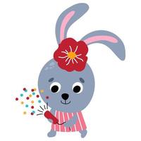 Cute bunny at the party. Drawn style. White background, isolate. Vector illustration.