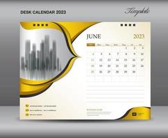 plantilla de calendario 2023 sobre fondos dorados concepto lujoso, plantilla de junio de 2023, diseño de calendario de escritorio 2023, plantilla de calendario de pared, planificador, medios de impresión, publicidad, vector