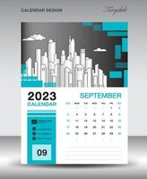 plantilla de diseño de calendario 2023: diseño de año de septiembre de 2023, diseño de calendario vertical, plantilla de calendario de escritorio, plantilla de calendario de pared 2023, planificador, la semana comienza el domingo, vector