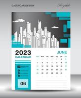 plantilla de diseño de calendario 2023: diseño de año de junio de 2023, diseño de calendario vertical, plantilla de calendario de escritorio, plantilla de calendario de pared 2023, planificador, semana comienza el domingo, vector