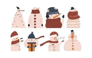 conjunto de divertidos muñecos de nieve de vacaciones de invierno diferentes. personajes navideños. ilustración vectorial en estilo dibujado a mano. vector