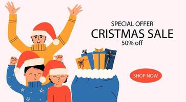 Advertising banner with family and christmas gifts. New Year Sale, banner, template. Vector illustration in flat style