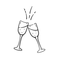 glasögon av champagne i klotter stil. två glasögon med champagne och bubblor i svart linjär teckning stil. rostat bröd och Skål. png på transparent bakgrund