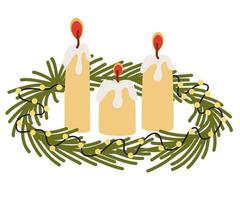 Christmas wreath. Decor for New Year, Christmas and holidays. A wreath of pine and spruce branches with candles. Hand-drawn illustration highlighted on a white background vector