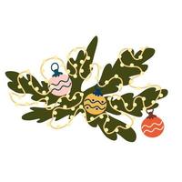 corona de Navidad. decoración para año nuevo, navidad y vacaciones. una corona de ramas de pino y abeto con globos y farolillos. ilustración dibujada a mano resaltada en un fondo blanco vector