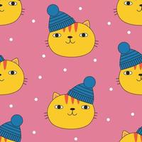 Seamless pattern with cute cat in blue winter hat. Doodle style. Vector illustration