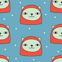 Seamless pattern with cute cat in red balaclava. Doodle style. Vector illustration