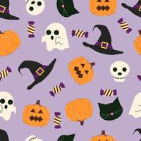 Cute Halloween seamless pattern with ghost, witch hat, pumpkin, jack o lantern, skull, black cat, and candies. For spooky October holiday. vector